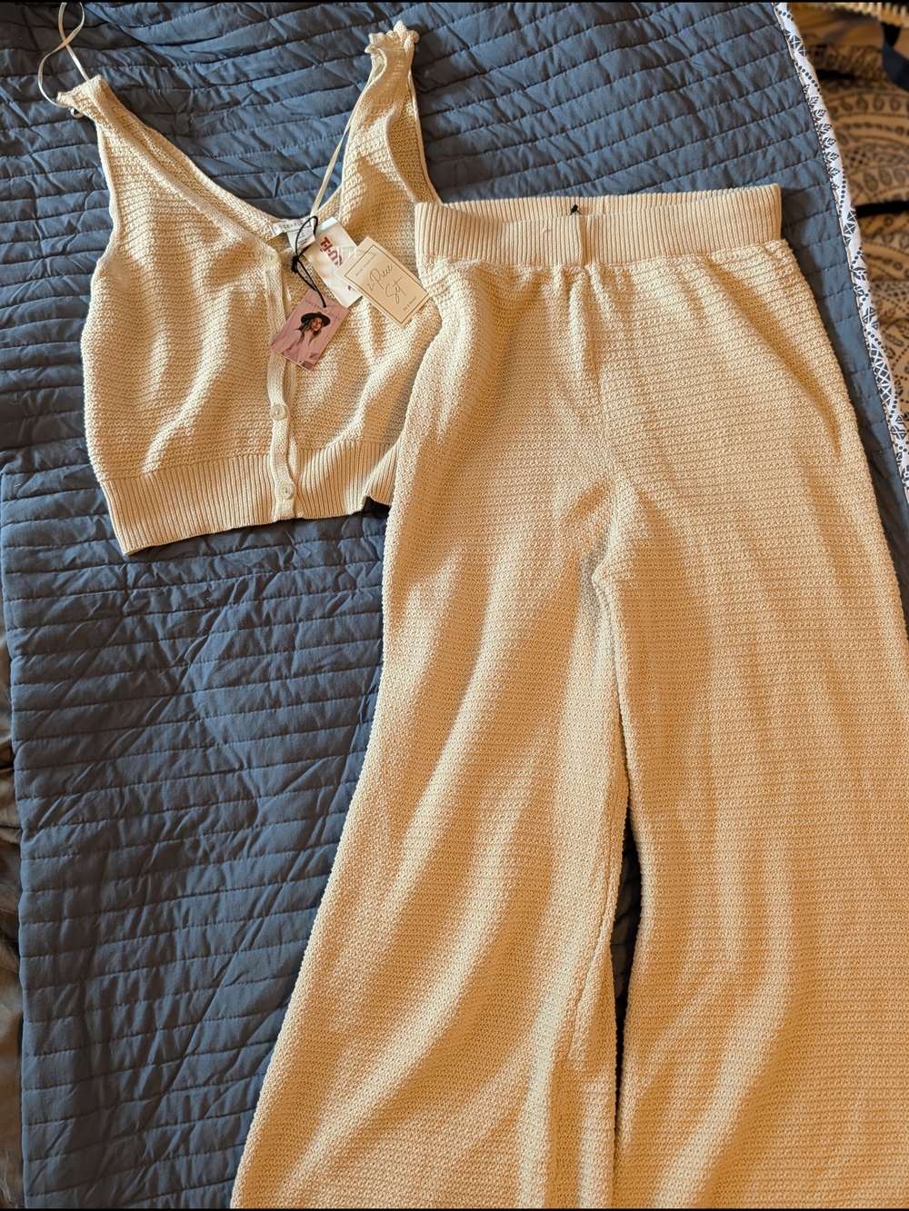 Sincerely Jules Cream Knit Crop Tank & Wide-Leg Lounge Pants Set